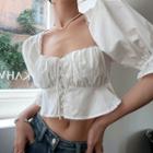 Puff-sleeve Square-neck Ruched Cropped Shirt