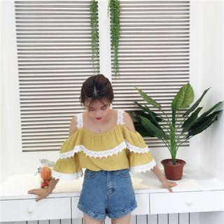 Open Shoulder Frilled Elbow-sleeve Top