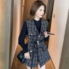 Crew-neck Long-sleeve T-shirt / Plaid Single-breasted Vest