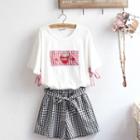 Elbow-sleeve Strawberry Embroidery T-shirt / Checker Shorts / Set