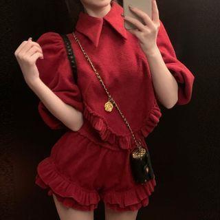 Puff-sleeve Collared Frill Trim Crop Top / Shorts