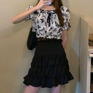 Butterfly Print Puff-sleeve Top / Ruffle Hem Mini Pencil Skirt
