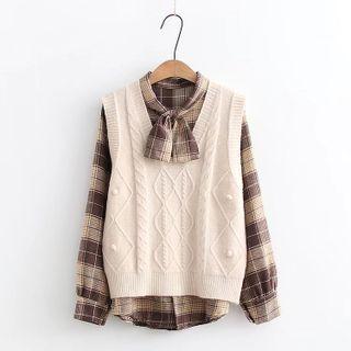 Set: V-neck Cable Knit Sweater Vest + Plaid Blouse