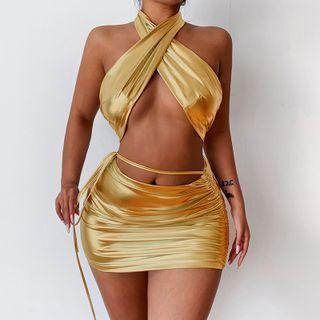 Set: Plain Cropped Halter Top + Drawstring Mini Pencil Skirt