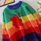 Color Panel Striped Bear Long-sleeve Sweater Blue - One Size