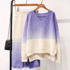 Set: V-neck Sweater + Midi Knitted Skirt