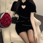 Short-sleeve Heart Cutout Velvet Dress
