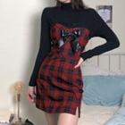 Long-sleeve Mock Two-piece Plaid Mini Dress