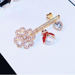 Faux Pearl Rhinestone Key Brooch Gold - One Size