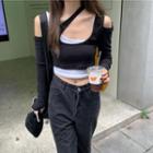 Mock Two-piece Cold-shoulder Long-sleeve T-shirt Black & White - One Size