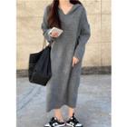 Long-sleeve V-neck Loose-fit Hooded Knit Dress