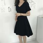 V-neck Short-sleeve A-line Dress Black - One Size