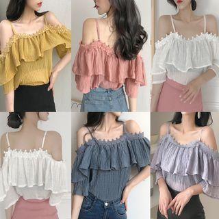Short-sleeve Lace Trim Cold-shoulder Ruffle Top