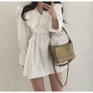 Long-sleeve V-neck Drawstring Mini A-line Dress