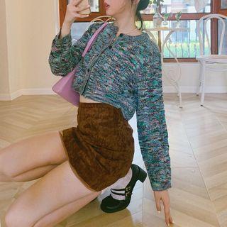 Melange Color Cropped Cardigan Green - One Size