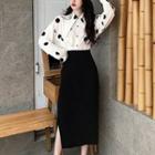 Midi A-line Slit Skirt / Long-sleeve Dotted Blouse