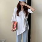 Elbow-sleeve Slit T-shirt / Wide-leg Pants