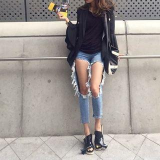 Fringed Open-front Slim-fit Jeans