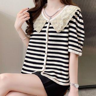 Elbow-sleeve Collar Striped Top Stripe - Black & White - One Size