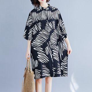 Printed Elbow-sleeve Shirt Dress As Shown In Figure - One Size