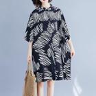 Printed Elbow-sleeve Shirt Dress As Shown In Figure - One Size