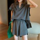 Set: Cap-sleeve Sweatshirt + Wide-leg Shorts