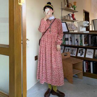 Long-sleeve Floral Midi A-line Dress Floral - Pink - One Size
