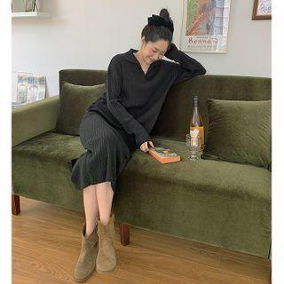 Open-placket Long Ribbed-knit Dress