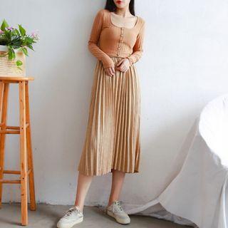 Set: Knit Top + Pleated Midi Skirt Khaki - One Size