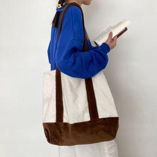 Two Tone Corduroy Tote Bag Beige & Brown - One Size
