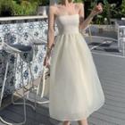 Spaghetti Strap Mesh Overlay A-line Dress Off-white - One Size