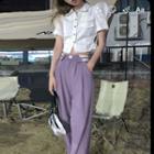 Puff-sleeve Cropped Blouse / High-waist Dress Pants