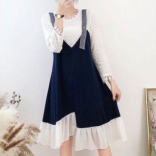 Mock Two-piece 3/4-sleeve Lace Panel A-line Dress