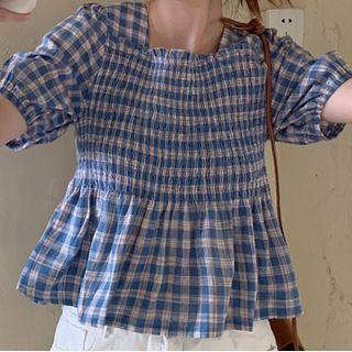 Plaid Short-sleeve Top Plaid - Blue - One Size