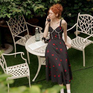 Dotted Flower Print Spaghetti Strap Midi A-line Dress