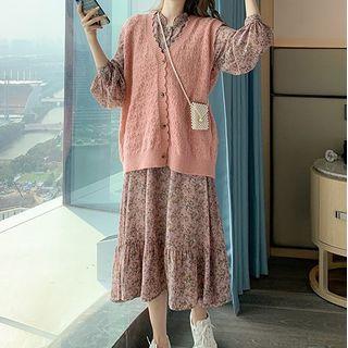 Floral Print Long-sleeve Midi A-line Dress / Single-breasted Knit Vest