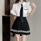 Short-sleeve Ruffled Shirt / Tie / Pleated Mini A-line Skirt / Set