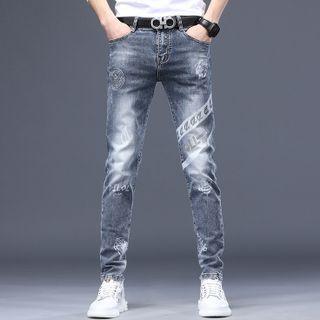 Lettering Print Washed Loose Fit Jeans