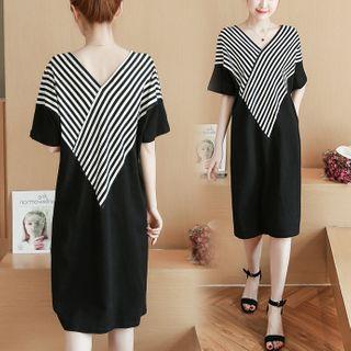 Elbow-sleeve Striped Paneled Midi Dress