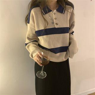 Striped Knit Polo Shirt Gray Beige - One Size