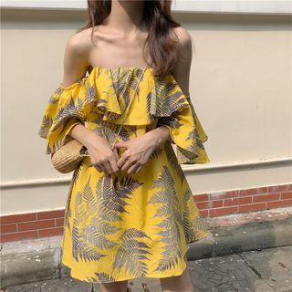 Leaf Print Off-shoulder A-line Dress