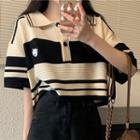 Knitted Striped Loose-fit Polo-shirt Beige - One Size