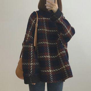 Mock Neck Plaid Sweatshirt Mixed Color - One Size