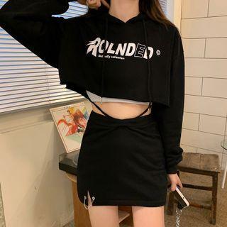 Lettering Print Cropped Hoodie / Mini Pencil Skirt