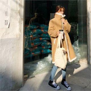 Turtle-neck Faux-fur Long Jacket Beige - One Size