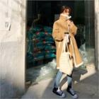 Turtle-neck Faux-fur Long Jacket Beige - One Size