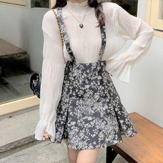 Plain Blouse / Flower Print Mini Overall Dress