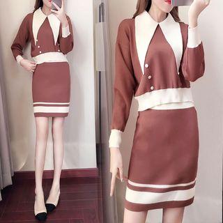 Set: Color Block Collared Sweater + Mini Knit Skirt