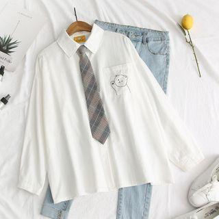 Long-sleeve Cartoon Bear Print Shirt With Necktie White - One Size