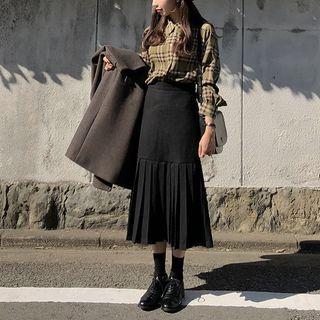 Plaid Shirt / Pleated Midi A-line Skirt / Set